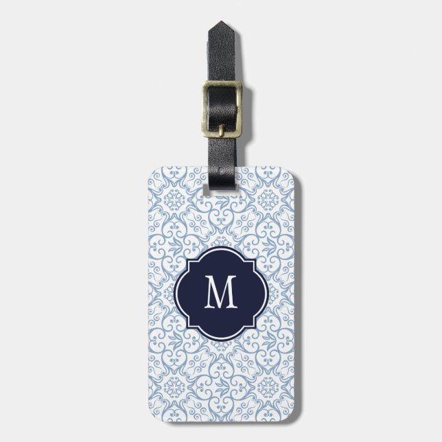 Étiquette À Bagage Balise de bagages Monogramme Damas bleu et blanc (Devant Vertical)