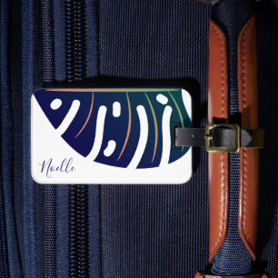 Étiquette À Bagage Balise Feuille Tropicale Bleue, Bagage Blanc