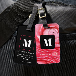 Étiquette À Bagage Balise Fleur rose avec bagages Monogramme