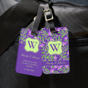 Étiquette À Bagage Balise Fleur violette avec bagages Monogramme