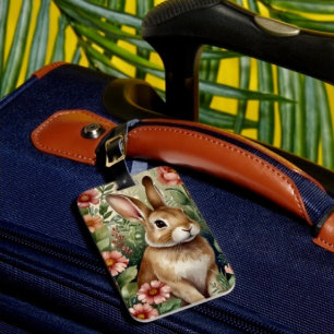 Étiquette À Bagage Balise Fleurs blanches et bagages de lapin