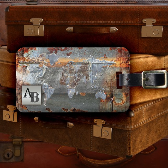 Étiquette À Bagage Balise Grunge Metallic World Map (Retro design luggage tag featuring a grunge metallic map of the world. )