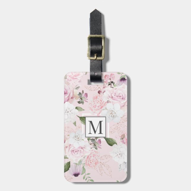 Étiquette À Bagage Balise Jardin rose ⎢ Monogramme (Devant Vertical)