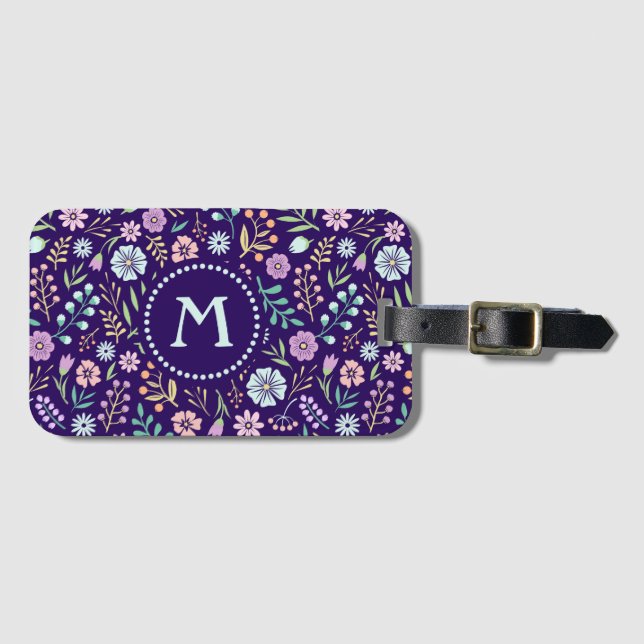 Étiquette À Bagage Balise Monogram Floral Whimsical Boho Motif (Devant Horizontal)