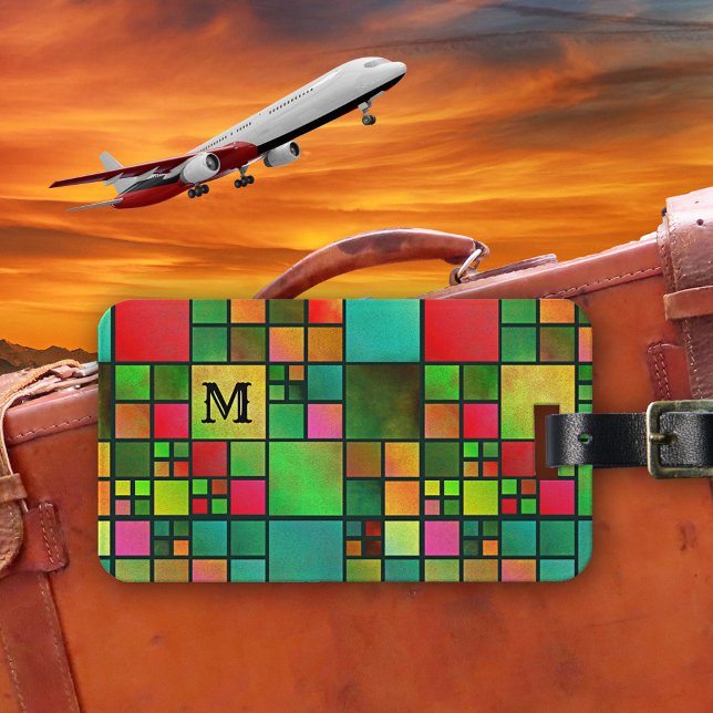 Étiquette À Bagage Balise Mosaic Motif Aquarelle Monogramme Bagage (Luggage tag featuring a colorful checkered stained glass mosaic design with a watercolor effect )