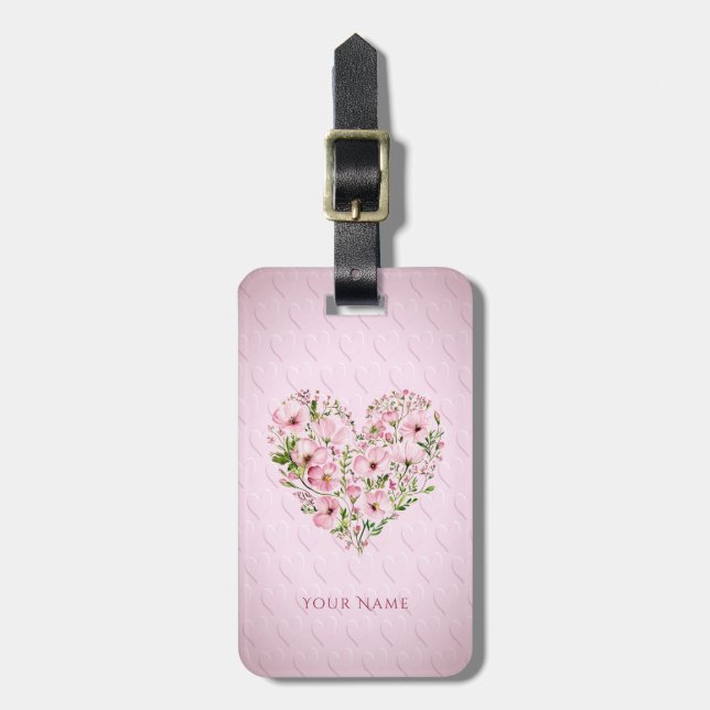 Étiquette À Bagage Balise Pink Heart Floral Luggage (Devant Vertical)
