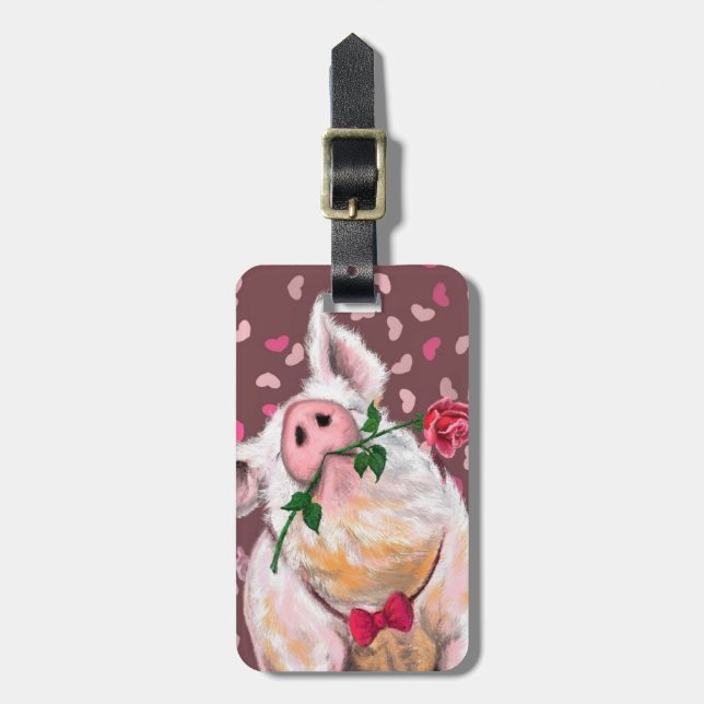 Étiquette À Bagage Balise Romantique Pig avec bagage Rose (Devant Vertical)