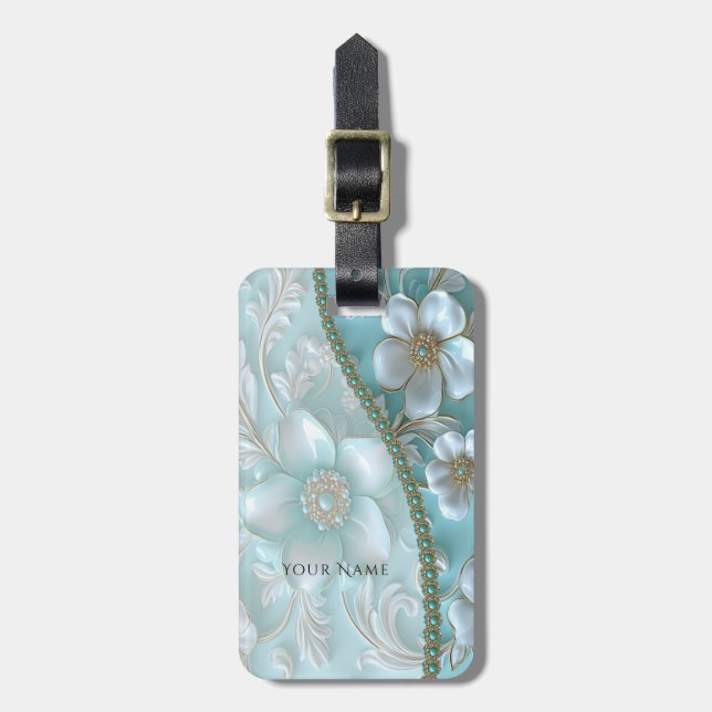 Étiquette À Bagage Balise turquoise blanc floral (Devant Vertical)