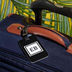 Étiquette À Bagage Balises de bagages Monogramme noir et blanc simple