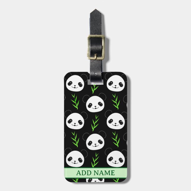 Étiquette À Bagage Bambou Motif Kawaii Panda En Blanc Noir (Devant Vertical)