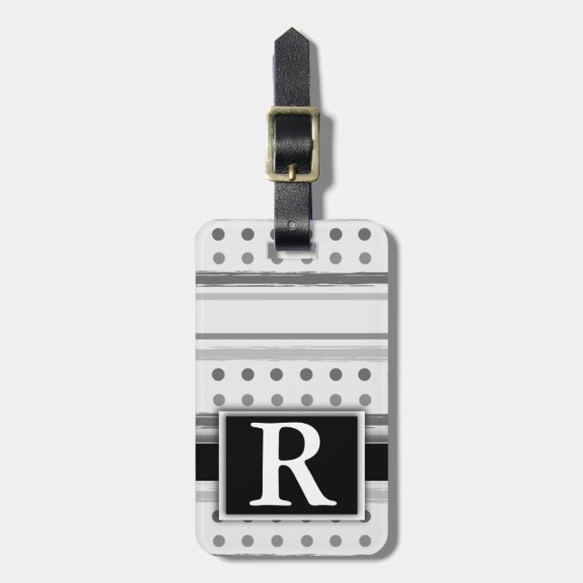 Étiquette À Bagage Bande de points Polka noir et blanc Monogramme mod (Devant Vertical)