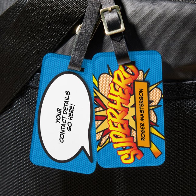 Étiquette À Bagage Bande dessinée personnalisée SUPERHÉROS Amusement  (Personalized Comic Book SUPERHERO Fun Modern Luggage Tag)