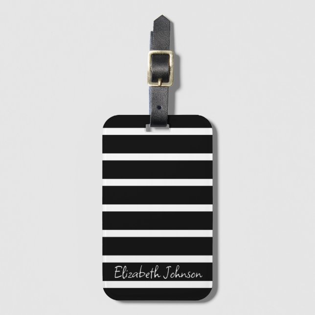 Étiquette À Bagage Bande moderne noire et blanche Personnalisée (Devant Vertical)
