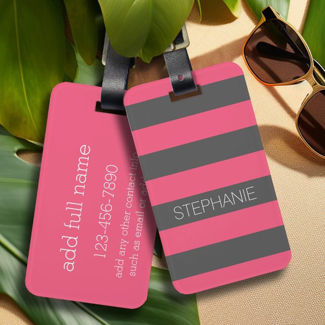 Étiquette À Bagage Bandes de rugby rose et gris avec nom personnalisé (Personalized luggage tag - Modern Stripe Pattern with custom text)