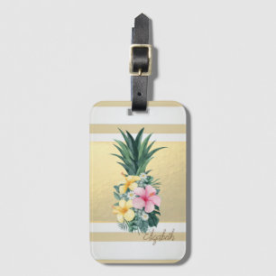 Étiquette À Bagage Bandes Or Modernes, Ananas, Fleurs