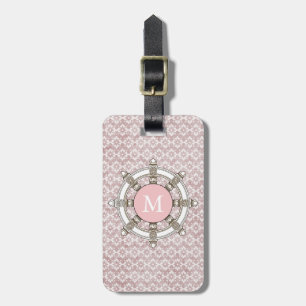Étiquette À Bagage Bandes roses et blanches Monogramme mignonne