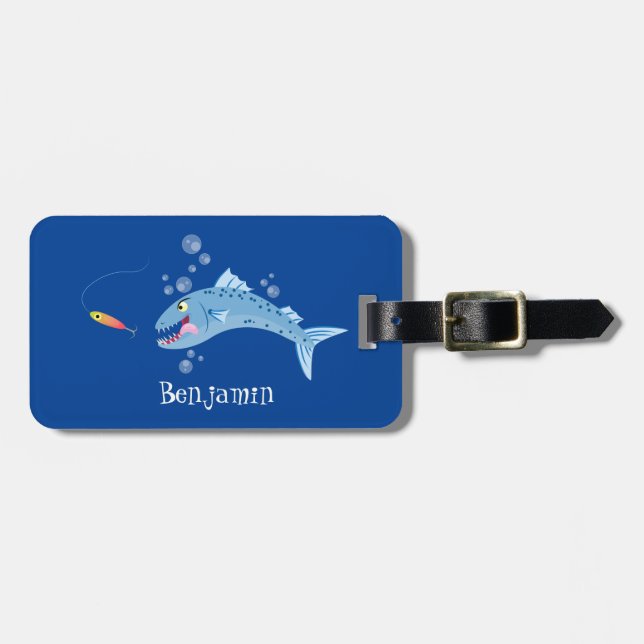 Étiquette À Bagage Barracuda poisson affamé de la pêche dessin animé (Devant horizontal)