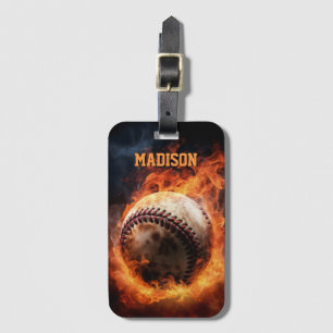 Étiquette À Bagage Baseball de texte personnalisé en feu