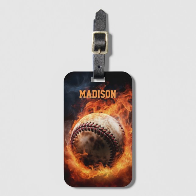 Étiquette À Bagage Baseball de texte personnalisé en feu (Devant Vertical)