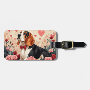 Étiquette À Bagage Basset Hound avec des Roses - Saint-Valentin
