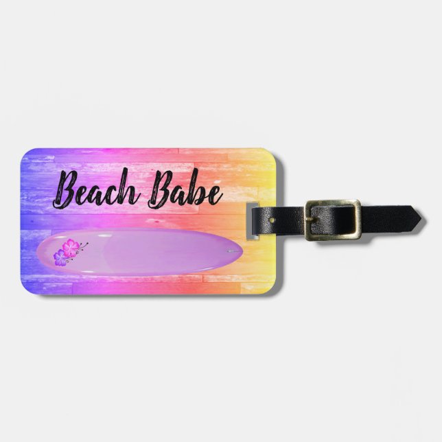 Étiquette À Bagage "Beach Babe", design de planche de surf hibiscus (Devant horizontal)