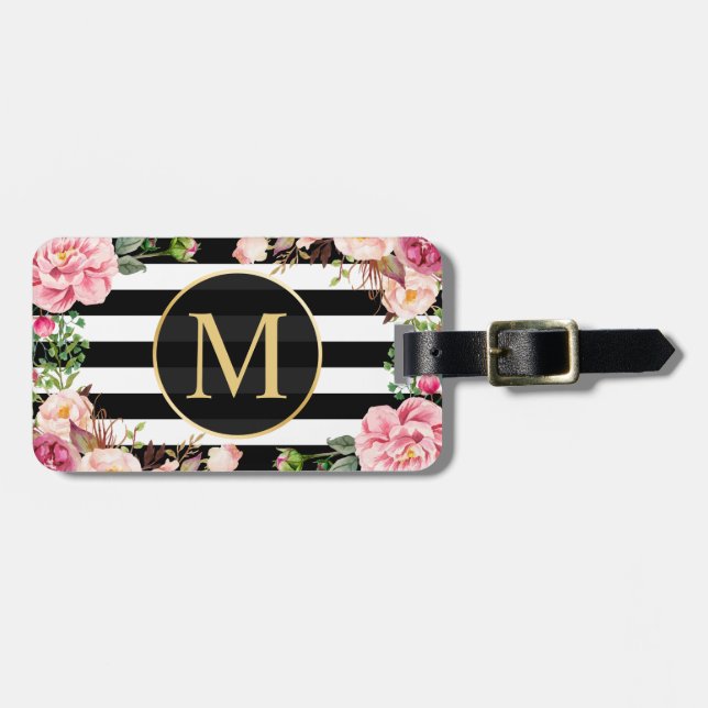 Étiquette À Bagage Beau enveloppement Floral Noir Blancs Monogramme (Devant horizontal)