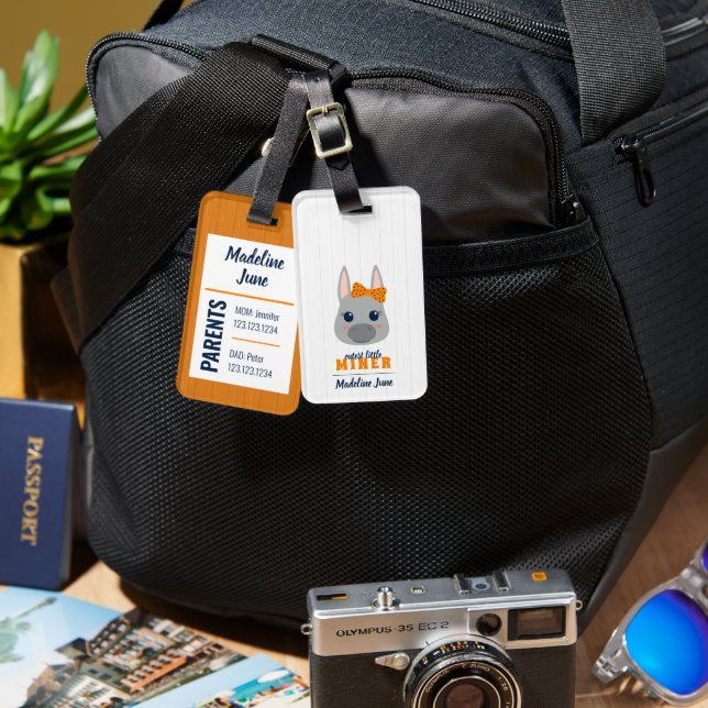 Étiquette À Bagage Bébé Girl Burro Navy et sac orange (Recto & Verso)
