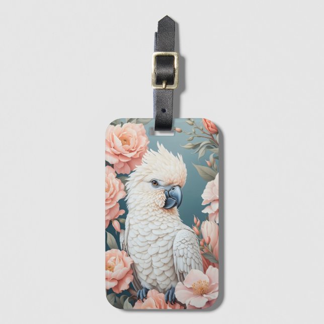 Étiquette À Bagage Bébé mignon Cockatoo Parrot Fleurs roses douces (Devant Vertical)