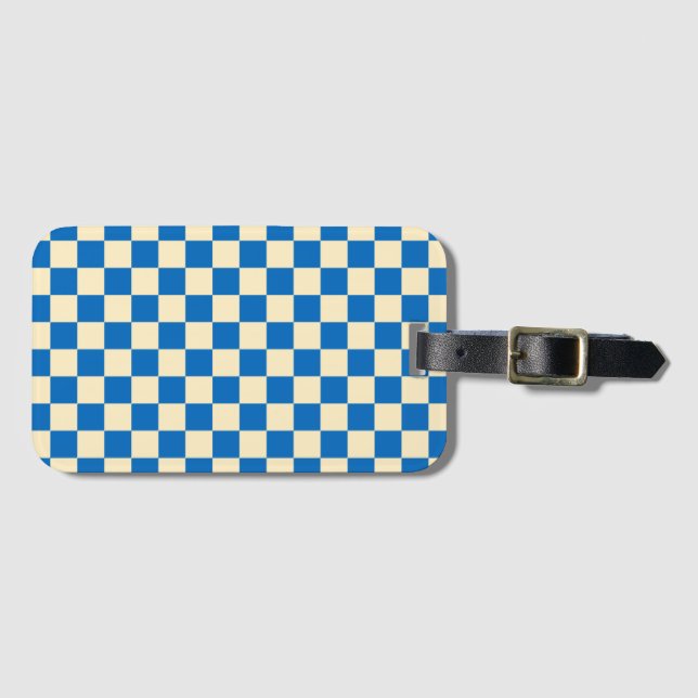 Étiquette À Bagage Beige + Bleu Chèque À damiers Motif en damier (Devant Horizontal)