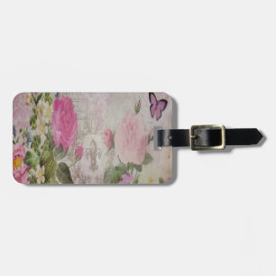 Étiquette À Bagage Belle fleur de lis de papillon rose vintage