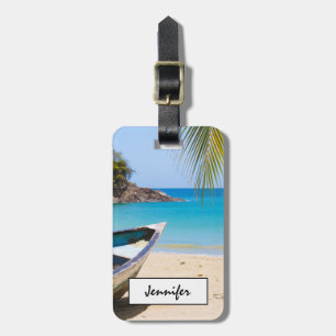 Étiquette À Bagage Belle plage tropicale avec bateau à rames
