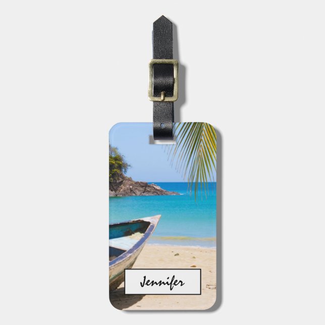 Étiquette À Bagage Belle plage tropicale avec bateau à rames (Devant Vertical)