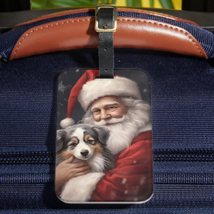 Étiquette À Bagage Berger Australien avec le Père Noël Noël