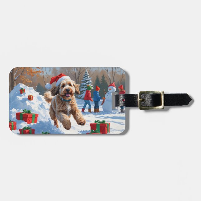 Étiquette À Bagage Bernedoodle Noël Festival scène de neige (Devant horizontal)