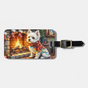 Étiquette À Bagage Bichon Frise Cheminée avec Lumières de Noël