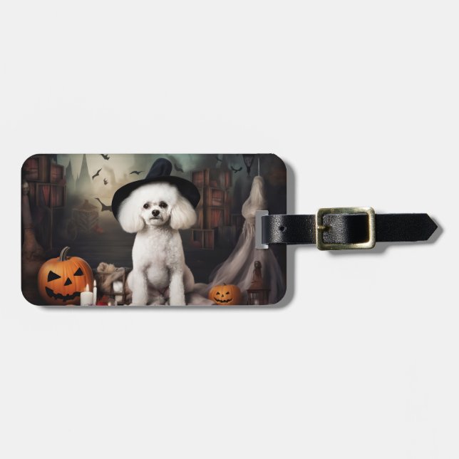 Étiquette À Bagage Bichon Frise Citrouilles Halloween effrayant (Devant horizontal)