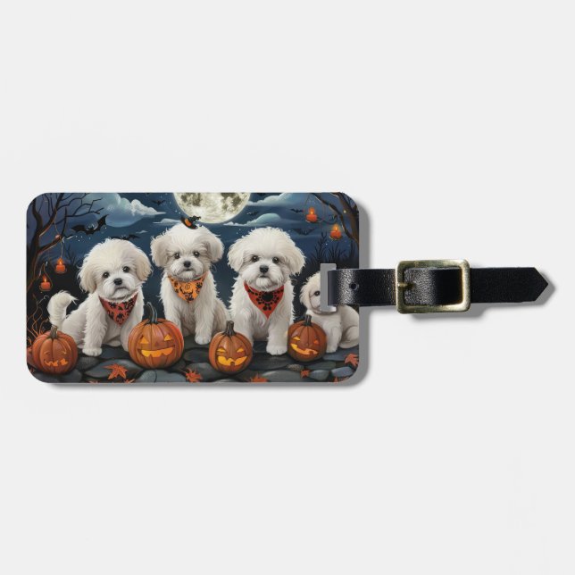 Étiquette À Bagage Bichon Frise Halloween Éffrayant (Devant horizontal)
