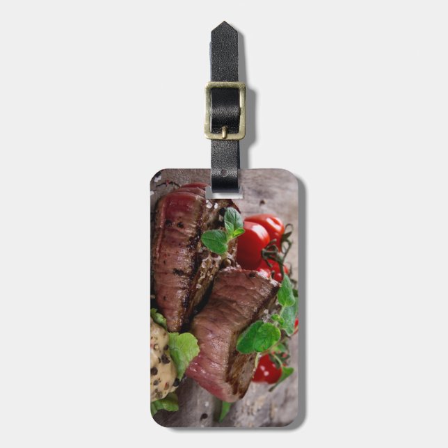 Étiquette À Bagage Biftecks grillés de BBQ avec les herbes et les (Devant Vertical)