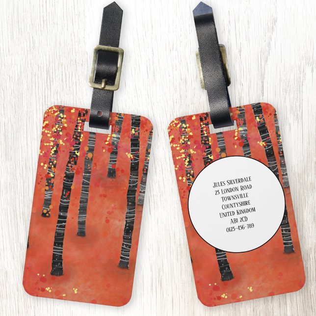 Étiquette À Bagage Birch Tree Forest Paysage Nom personnalisé (Birch Aspen Tree forest red abstract art personalized luggage tag)