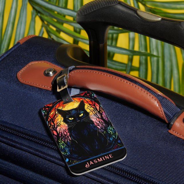 Étiquette À Bagage Black Cat Vitrail Rouge Éffrayant (Insitu Rectoal 1)