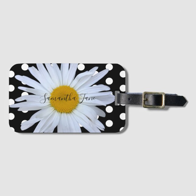 Étiquette À Bagage Black Chic Blanc Pois Fun Daisy Personnalisé (Devant Horizontal)