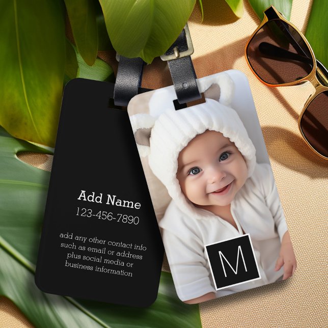 Étiquette À Bagage Black & White 1 Photo Collage personnalisé Monogra (Personalized luggage tag with 1 photo and contact information)