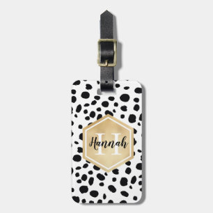 Étiquette À Bagage Black White Spots Motif Gold Monogramme