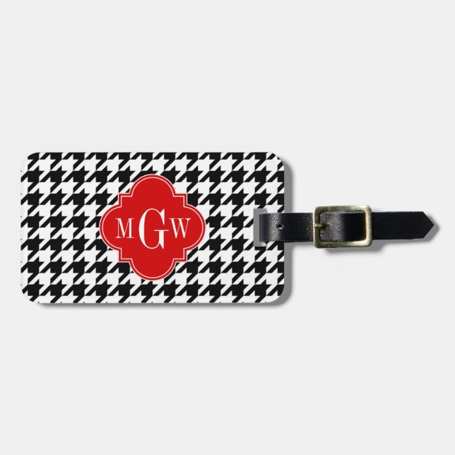 Étiquette À Bagage Black Wht Houndstooth Red Quatrefoil (Devant horizontal)