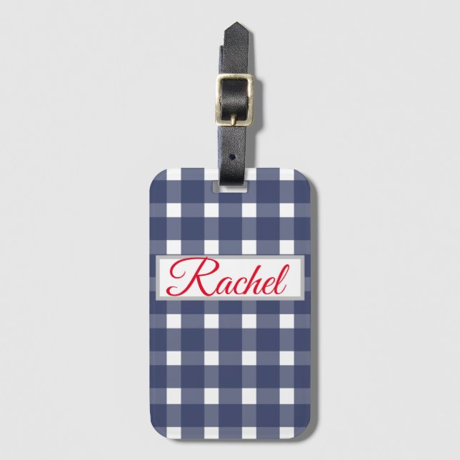 Étiquette À Bagage Blanc bleu En vichy personnalisé (Devant Vertical)