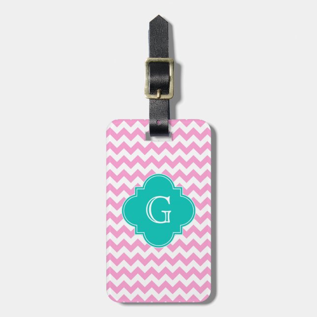 Étiquette À Bagage Blanc rose Chevron Zigzag Turquoise Quatrefoil Mon (Devant Vertical)
