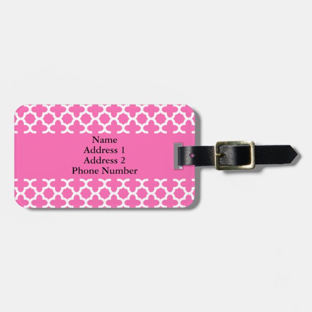 Étiquette À Bagage Blanc sur Motif Quatrefoil rose chaud (Devant horizontal)