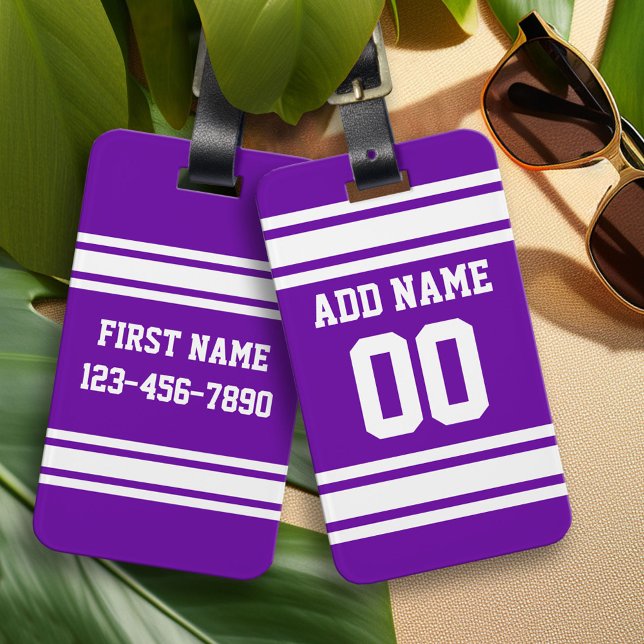 Étiquette À Bagage Blancs de football violet rayures Nom personnalisé (Custom Luggage Tag)
