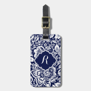Étiquette À Bagage Blancs et bleu marine Damas floraux