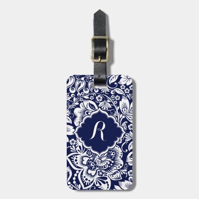 Étiquette À Bagage Blancs et bleu marine Damas floraux (Devant Vertical)